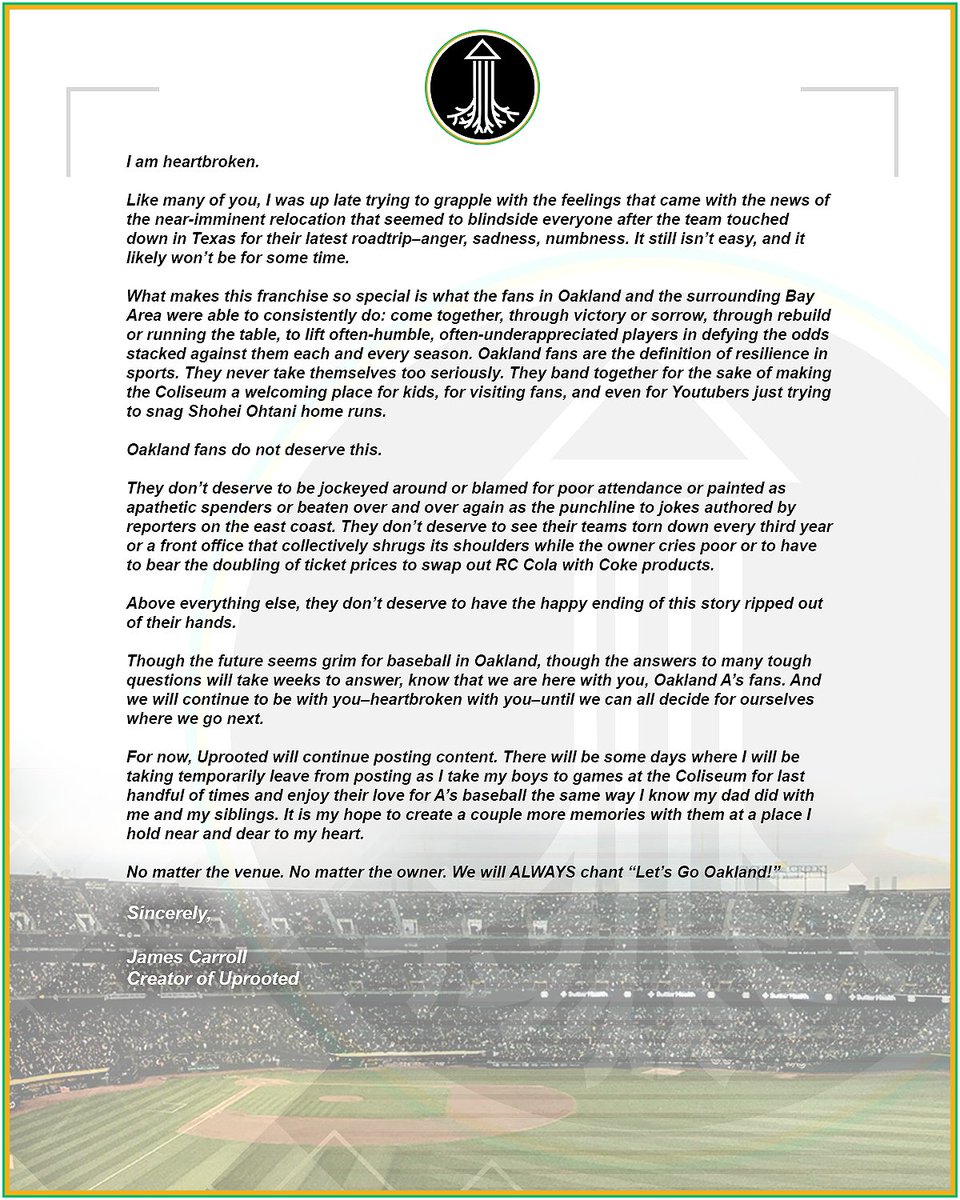 uprootedoakland's tweet photo. We are heartbroken with you, Oakland.

#Athletics #RootedInOakland https://t.co/a1hagfwYZk