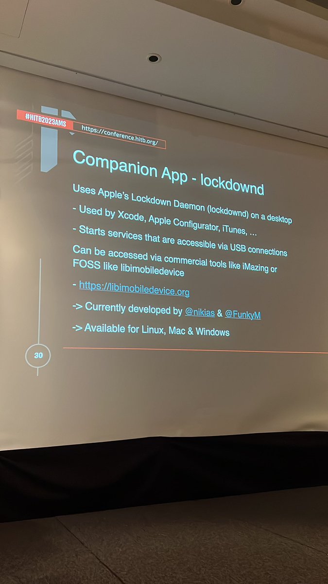pimskeks's tweet image. Thanks @Helthydriver for the #libimobiledevice shout-out 🎉 (infact I am the only one maintaining it for quite some time). Great talk!#HITB2023AMS
