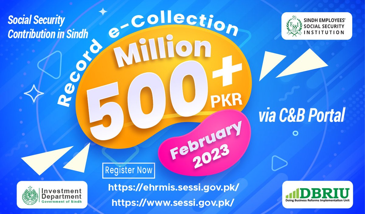 Social security collection crossed PKR 500 million for the first time in Feb 2023 through SESSI's Contributions &amp; Benefits Portal. This is the highest monthly collection ever. Social security collection in Sindh is now fully automated via C&amp;B Portal ehrmis.sessi.gov.pk