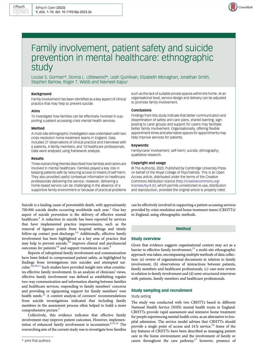 Outstanding thread by @donnalittlewood on our @PSTRC_GM @NCISH_UK recent @TheBJPsych paper on family involvement, pt safety, & suicide prevention in CRHTTs 👇, study led by @donnalittlewood & @DonnellyGorman & incl @LizMonaghan5 @KongKitten R Webb & K Kapur