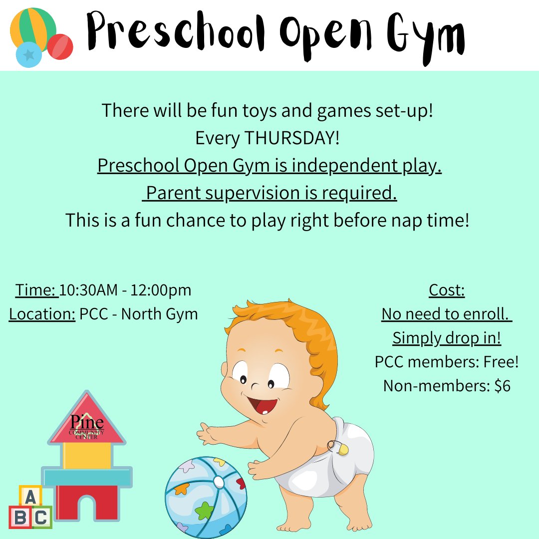 pinecommcenter's tweet image. Every Thursday at the PCC! We setup our gymnasium with tumbling mats, games, big blocks, and more! Get all that energy out right before nap time 💤
