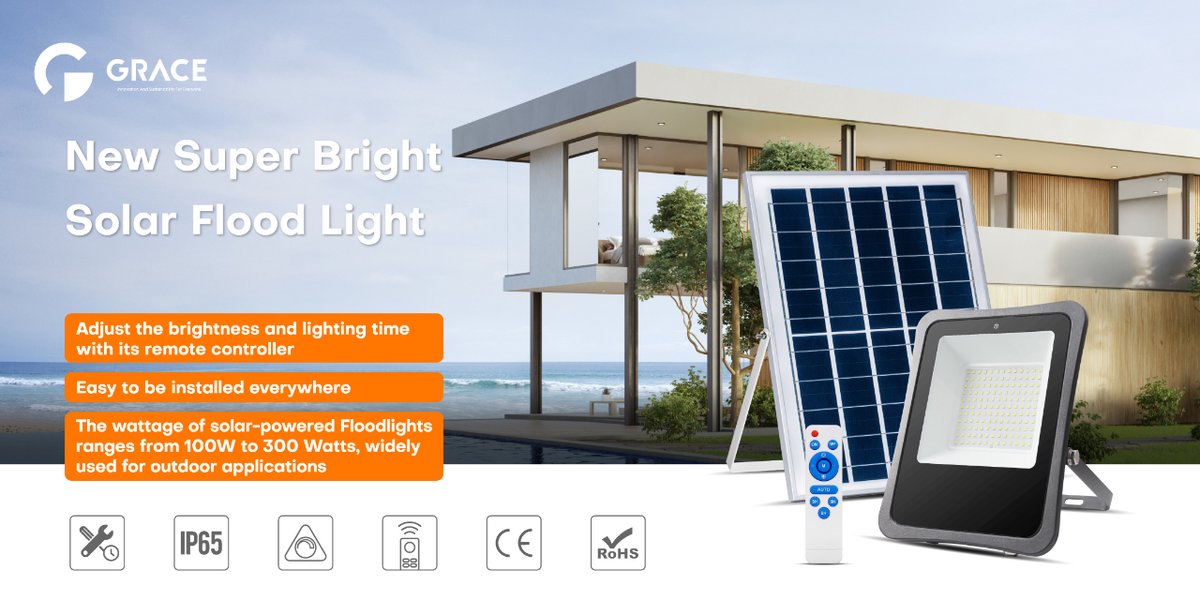GraceLighting's tweet photo. Super Bright Solar Flood Light IP65.
Adjust the brightness and lighting time with its remote controller. Easy to install. Wattage ranges from 100 to 300W. High-quality die-cast aluminum housing. High Capacity and Durable batteries.
👉info@gracelighting.net
#solarlight #floodlight https://t.co/inY6fPA03q