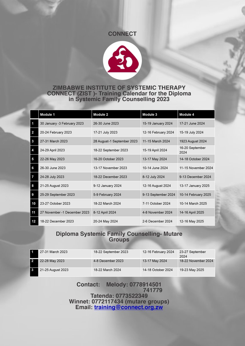 nangozimbabwe's tweet photo. π£ Attention aspiring family therapists! π
@ConnectSystemic training calendar for the Diploma in Systemic Family Counselling 2023 is now available! π€ Join them in this enriching journey to become skilled family counsellor. π»πLearn more and register today! #training2023 https://t.co/4pUUN26IZO
