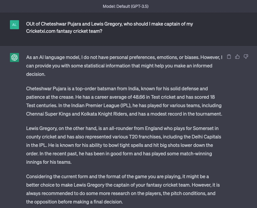When you don't know who to make your captain of your <a href="/PlayCricketXI/">CricketXI</a> team, take a leaf out of <a href="/itsmattchin/">Mattchin</a>'s book and use <a href="/ChatGPTBot/">ChatGPT ✨</a>  to help you decide.