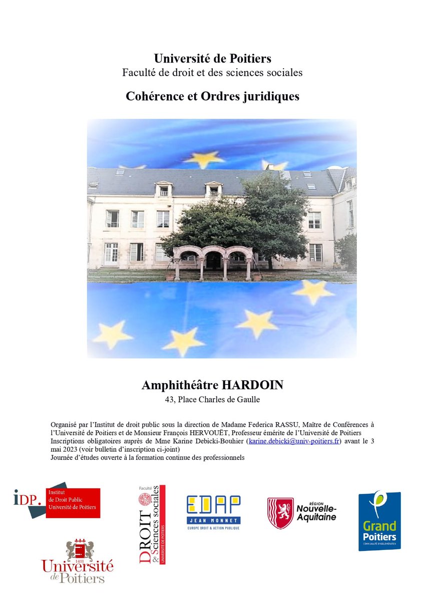 Et après l'avant-première voilà l'affiche officielle du colloque de @InstitutIdp 'Cohérence et Ordres juridiques', les 9 et 10 mai prochain, à @Droit_Poitiers @UnivPoitiers, on vous attend!