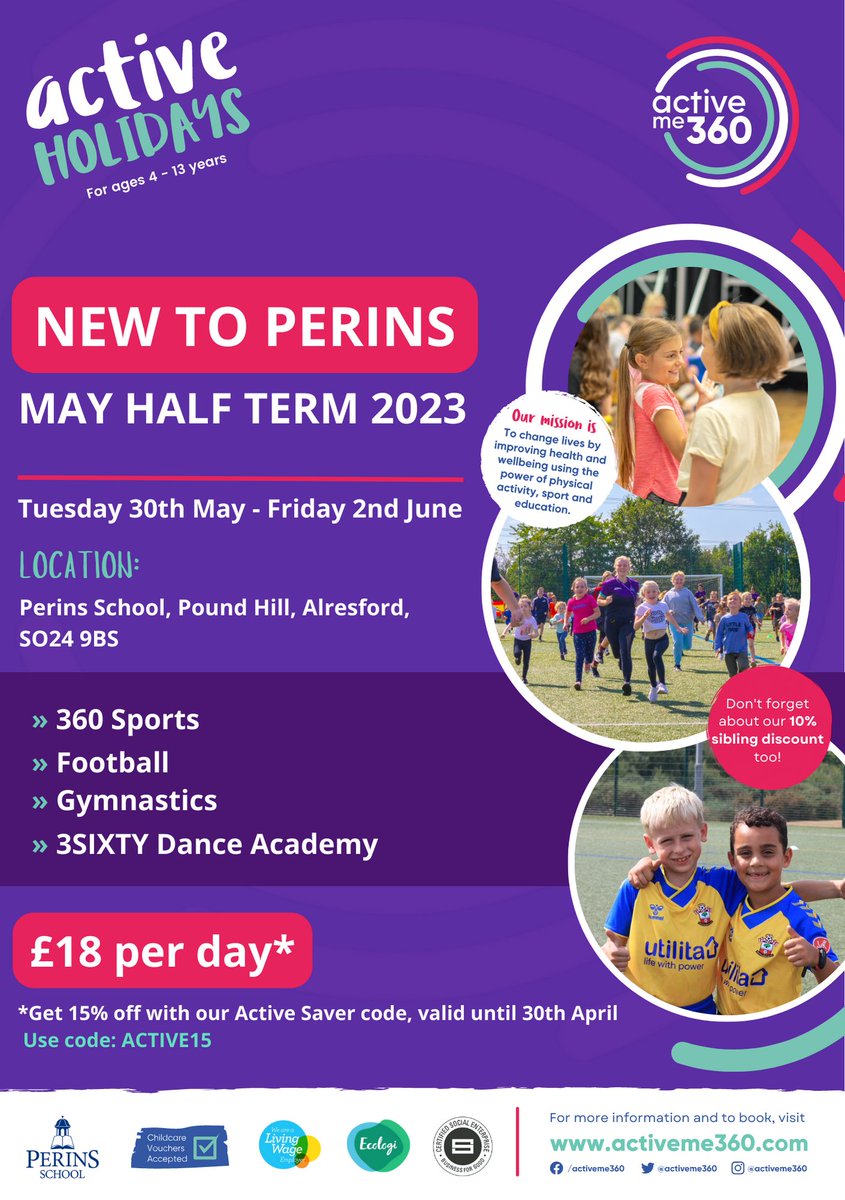 ActiveMe360's tweet photo. If you are in Winchester, Alresford or surrounding areas and need child provision for May Half-Term, we're excited to launch our Active Holiday camps at @Perins School!😊

🎾360 Sport
⚽Football
👑3SIXTY Dance Academy
AND... Gymnastics🤸

Book here: https://t.co/l4CD8ksMbs https://t.co/QH36X2Twf1