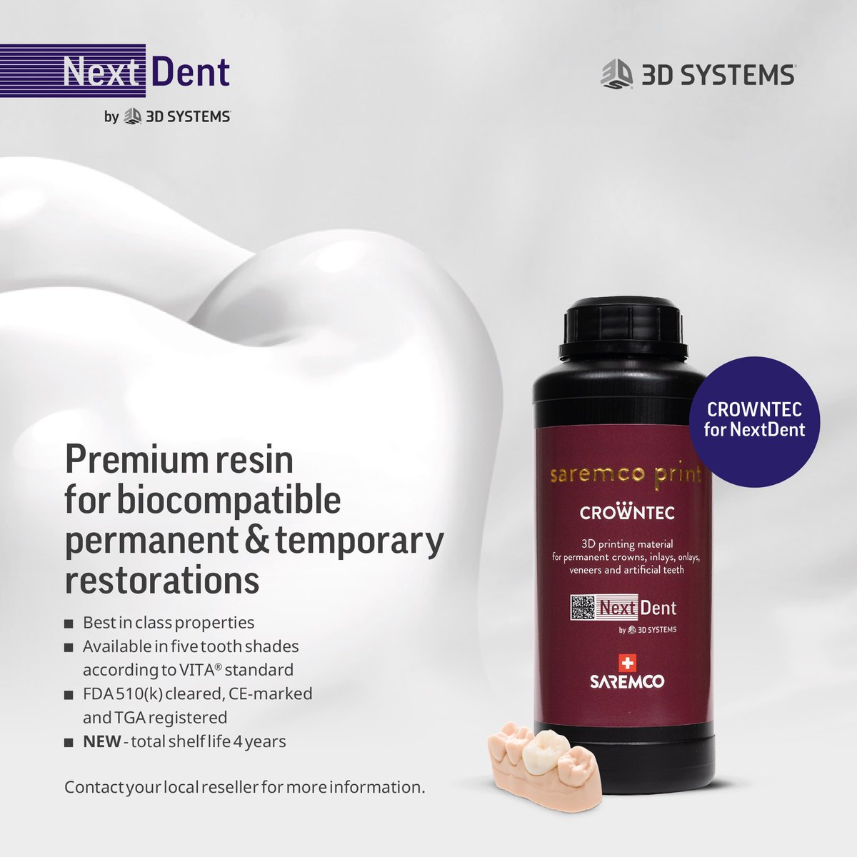 nextdentbv's tweet photo. 3D printed permanent crowns and denture teeth with CROWNTEC for NextDent; this premium material addresses a broad variety of patient-specific indications.
For info, reach out to your local NextDent reseller or https://t.co/aosoo7JHad

#digitaldentistry #SaremcoDentalAG https://t.co/BrgwCjTH2q