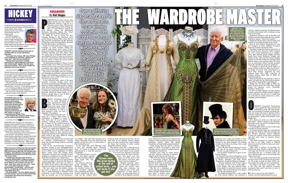 What a wonderful piece in today's @Daily_Express on our founder, Academy Award winning Costume Designer John Bright, and his wonderful costume house @CospropLtd! 

Thank you @kathopps @JBCollection_uk 

#TheWildEscape @MerchantIvory