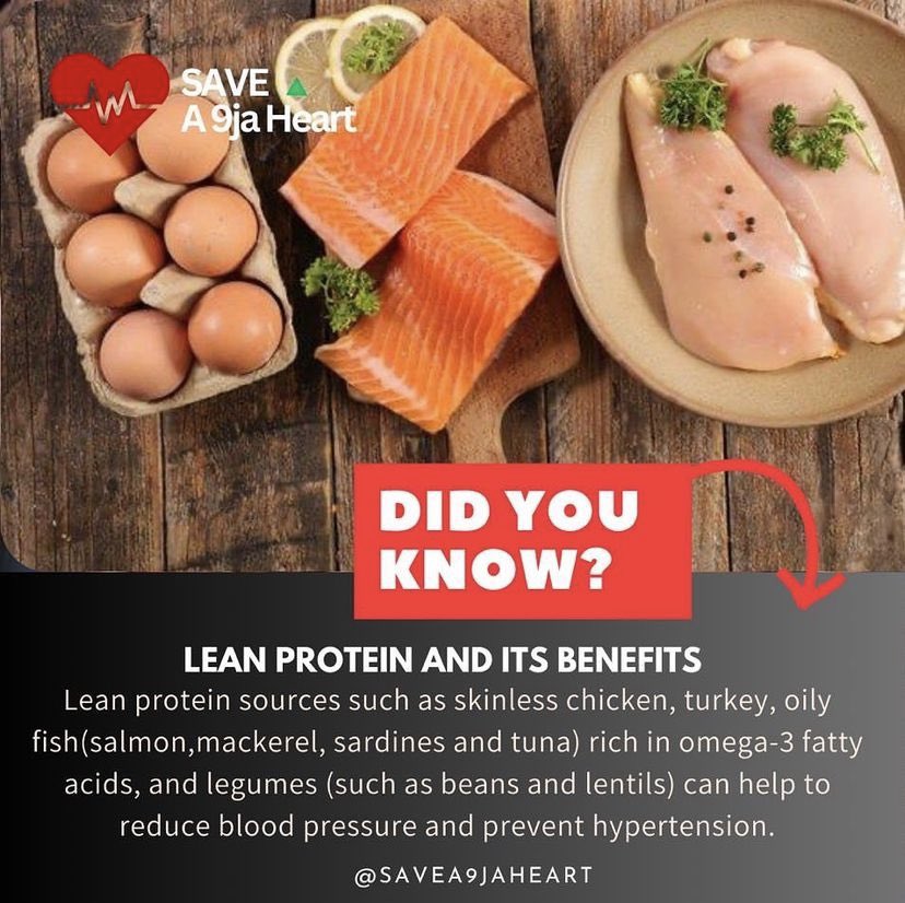 save_aheart's tweet photo. Together with other nutrients recommended to reduce the risk of hypertension, Studies have shown that consuming lean protein as part of a healthy diet can help to reduce blood pressure levels in people with hypertension.

#savea9jaheart #publichealthcampaign https://t.co/t4w4LbwpkX