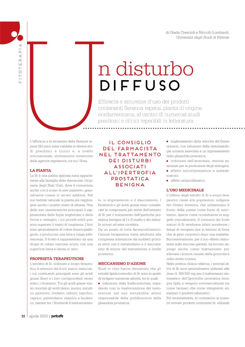 cucumba86's tweet photo. 🌿 Un disturbo diffuso. #Efficacia e #sicurezza d'uso dei #prodotti contenenti #Serenoa #repens, pianta di origine nordamericana, al centro di numerosi #studi preclinici e #clinici reperibili in #letteratura

a cura di  Giada Crescioli e Niccolò Lombardi
PUNTOEFFE n. 5/23 https://t.co/xfCS0eU6iP