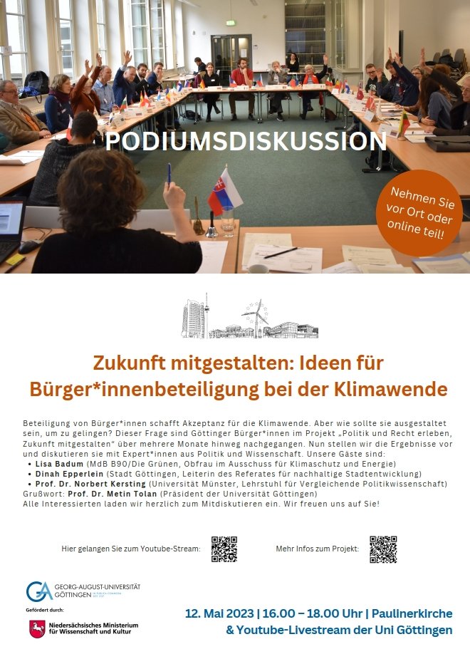 ipol_goettingen's tweet photo. Zum Abschluss des Projektes "Politik und Recht erleben" https://t.co/ig6U38Bb0b gibt es am 12. Mai eine Podiumsdikussion über die Ergebnisse zu Bürger*innenbeteiligung und Klimaschutz. https://t.co/boYXt2rhah