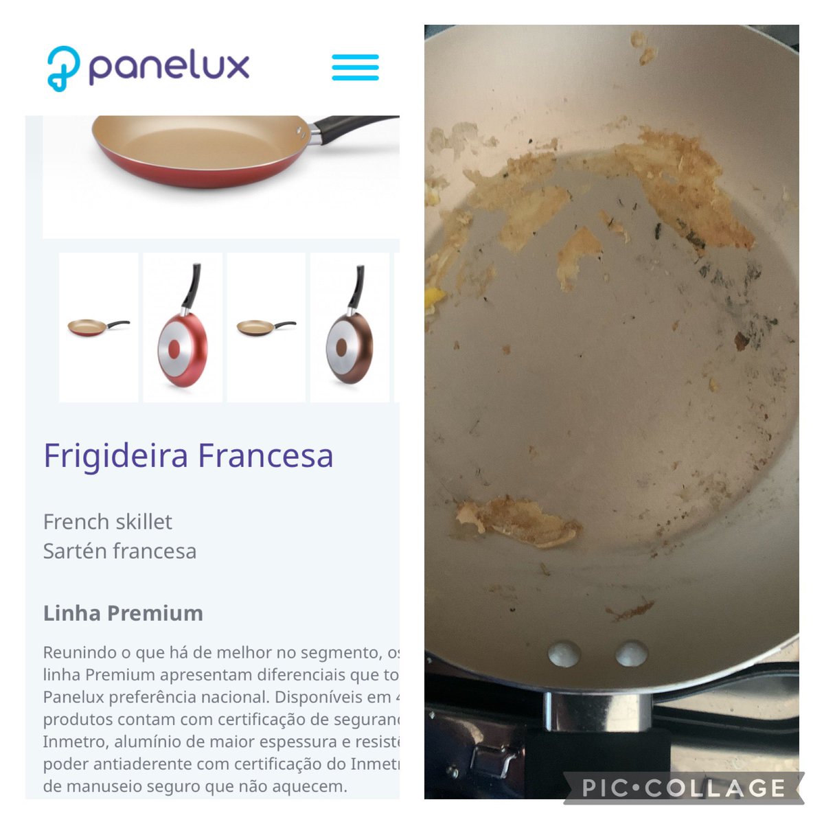 Comprei uma frigideira @panelux uma linha premium, francesa (até me empolguei ) alto poder antiaderente (como diz na descrição) na primeira gritada do ovo acontece isso kkkkkkk, ainda tive o cuidado de usar uma espátula plástica.