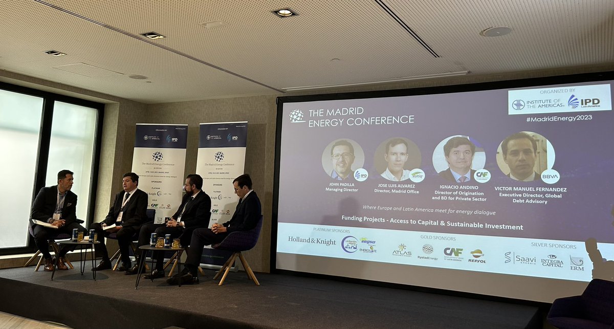 IOA_Energy's tweet photo. Time to talk 💰!

#MadridEnergy2023 turns to a discussion of funding projects and access to capital 

With @John_IPDLatAm 
Ignacio Andino @AgendaCAF 
Víctor Manuel Fernández @bbva 
Jose Luis Alvarez #Voltiq https://t.co/BdAJhu4qiV