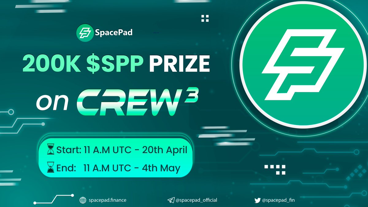 🎮 CREW3 EVENT - 200,000 $SPP PRIZE  🎮

🔥 Complete Crew3 tasks to earn 200,000 SPP Tokens

➡️ Link: crew3.xyz/c/spacepad/que…

⏰  Sprint: from 5 A.M UTC - 20th April to 5 A.M UTC - 4th May

#spacepad #IDO #DEX #Launchpad $SPP