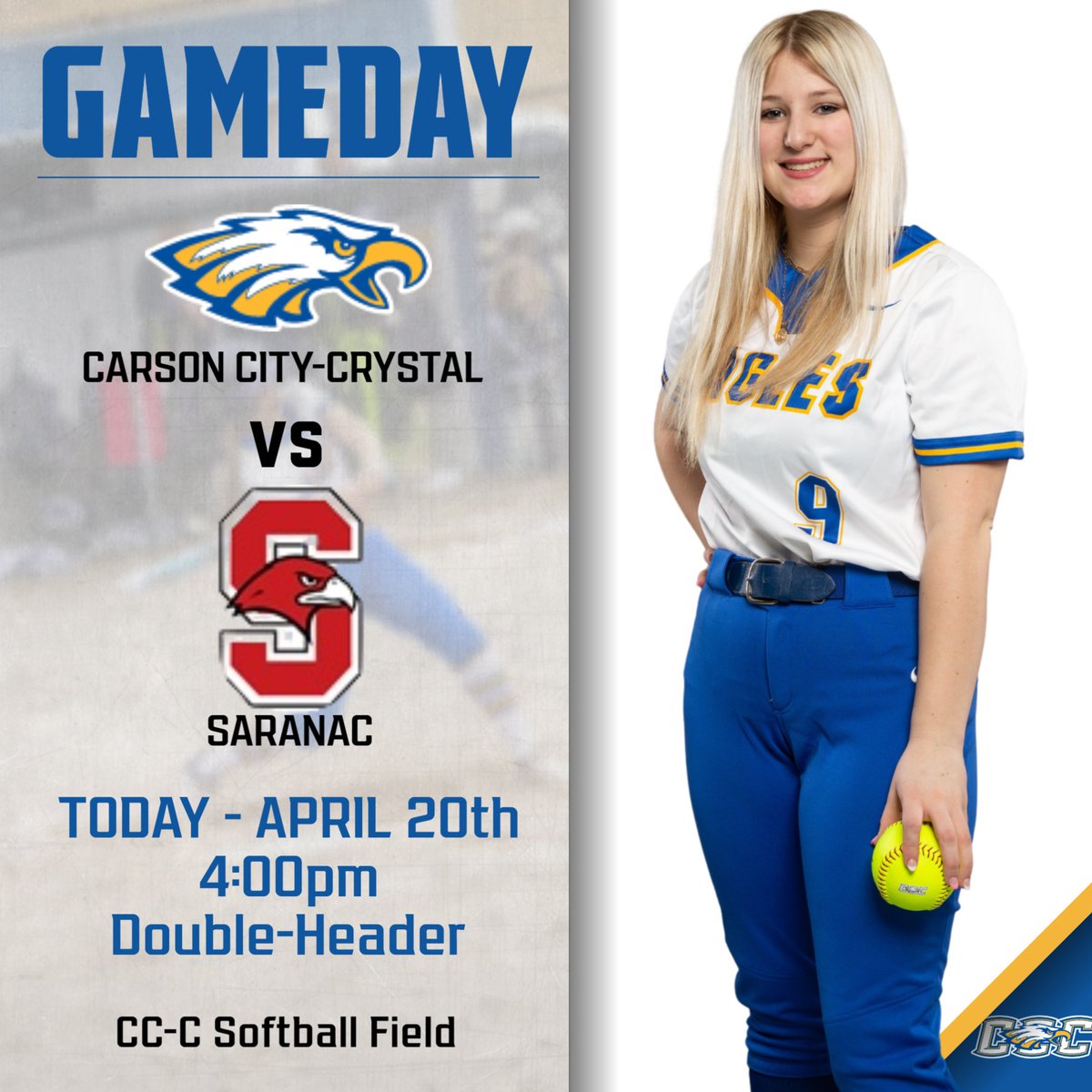 CCC_Eagles's tweet photo. JV SOFTBALL vs. SARANAC
TODAY - 4:00pm
Double-Header
CC-C Softball Field https://t.co/QFM446lQzU