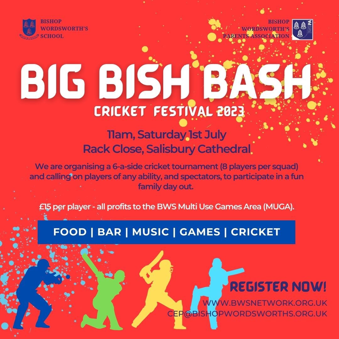 BWSSports's tweet photo. Announcing the BIG BISH BASH Cricket Festival!

To raise money for the MUGA project at Britford Lane, we are asking for Students, Parents, Old Boys or any Cricket fanatics to get involved by entering a team or just to come and support by spectating and donating. https://t.co/NAgdVuU0FK