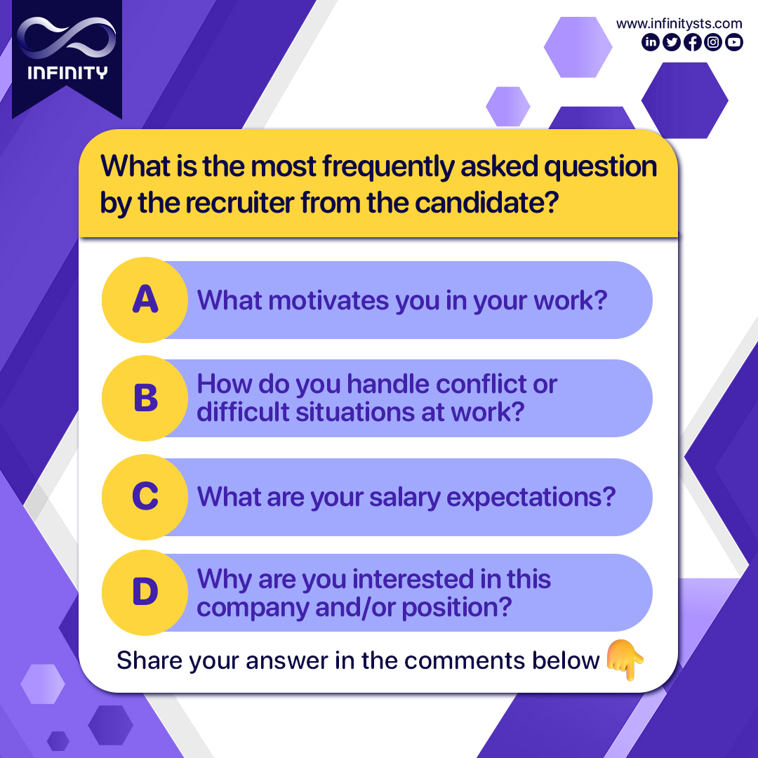InfinitySTS's tweet photo. Recruiters often ask about qualifications, experience, conflict resolution, motivation, time management, feedback handling, communication, ethics, and leadership.

#TopRecruiter #CandidateFAQs #RecruiterQueries #MostCommonInterviewQs #HRInquiries #JobSeekerFAQs #FAQs #Infinity https://t.co/xw4Czl6Yp1