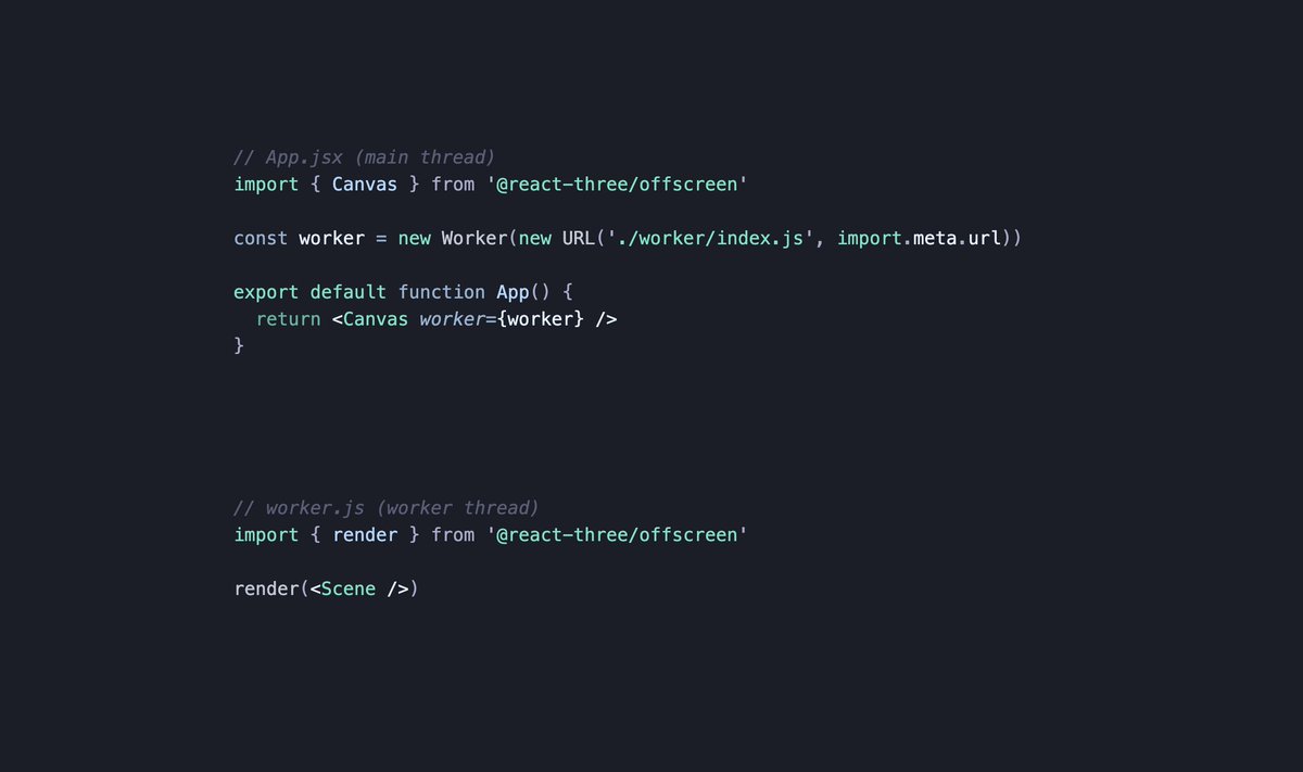never really enjoyed workers because of syncing between main and worker thread. but @chaimaoyuan's r3f offscreen canvas example solved that. your entire canvas would just run on the worker, events and all, and driven by react. it could be official ... github.com/drcmda/react-t… 🫠
