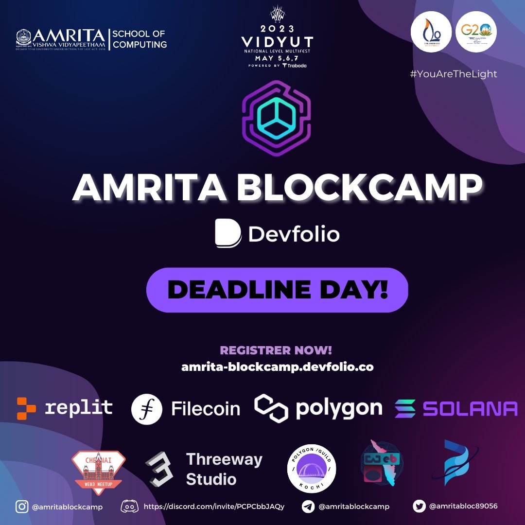 amritablockcamp's tweet photo. 🚨 Remainder : Its The Deadline Day!

Do register now! On https: //amrita-blockcamp.devfolio.co/

Theme : Digital Transformation!

#amritablockcamp
#techinnovation
#hackathon
.
.
.
.
.
.
.
#blockchain #blockchaintechnology #blockchains #blockchaindomains #blockchainfund https://t.co/2MCKzPInxb