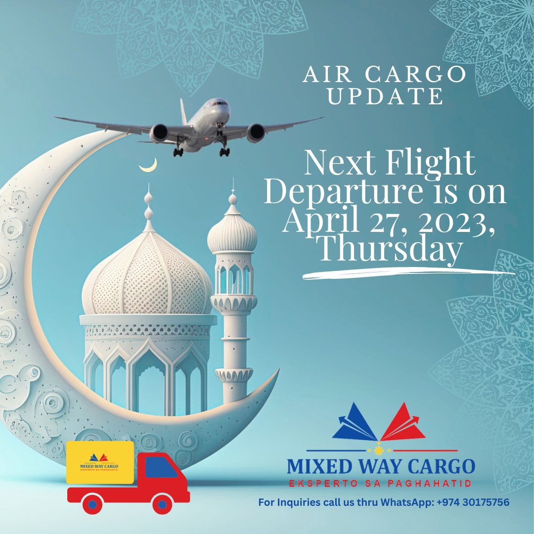 Hello mga ka Mixed way. 
Update po sa ating Air Cargo schedule.✈️

Para po sa nagpadala at magpapadala ngayon hangang sa Tuesday. Ang Departure Flight po natin ay sa April 27, 2023 , Thursday. 👈

Enjoy your vacation everyone. 

#aircargologistics #aircargoservice 
#mixedwaycargo