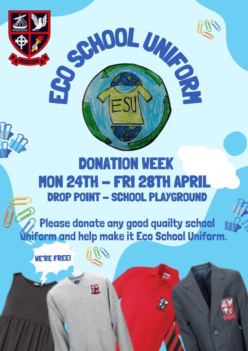 Our popular Uniform Stall will be held on the following dates:-
Friday 21 April from 2.45 – 3.45
Friday 2 June from 2.45 – 3.45
Thursday 8 June from 9.15
If you have any uniform items you wish to donate then please drop off any time at school from 24th April until 28 April.