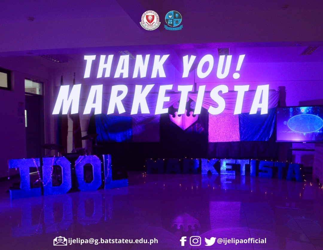 jmelipaofficial's tweet photo. The First Idol Marketista Awards: "A Remarkable Quest of the Outstanding Marketing Management Students"
Be SMART. Be CREATIVE. OUTWIT the challenges.
#IdolMarketista2023
#AribaMarketista
#SmartCreativeOutwit
#iJEMS๐ https://t.co/LZXKbg5oN4