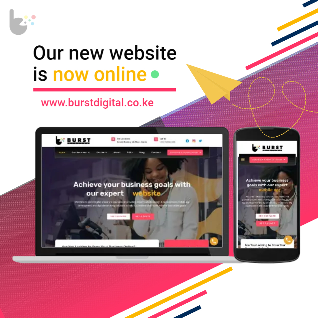 BurstdigitalKe's tweet photo. 🚀Burst Digital is live! We're a digital agency offering top-notch website design, app development, SEO and digital marketing services. Visit our website (link in bio) or DM us to start your digital transformation today. #BurstDigital #DigitalAgency #Nairobi #Kenya #WebsiteDesign https://t.co/1AH0ndbPvE