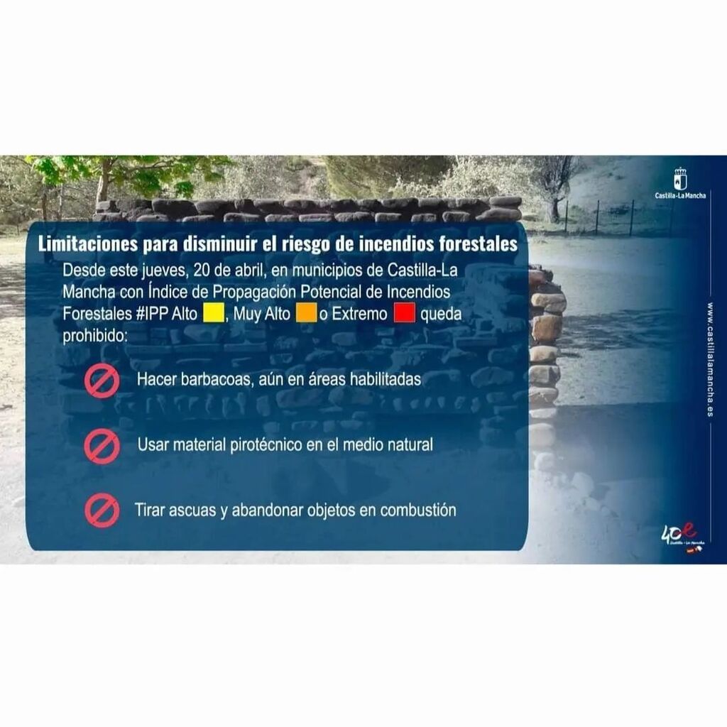 ⚠️ AVISO IMPORTANTE:  MEDIDAS PREVECIÓN DE INCENCIOS 🔥

  Hoy, en toda Castilla La Mancha, entran en vigor las siguientes limitaciones para prevenir riesgos de 🔥incendios forestales. 
  En los municipios con #IPP, 🟨Alto, 🟧Muy Alto o 🟥Extremo; que… instagr.am/p/CrQOGZysYDS/