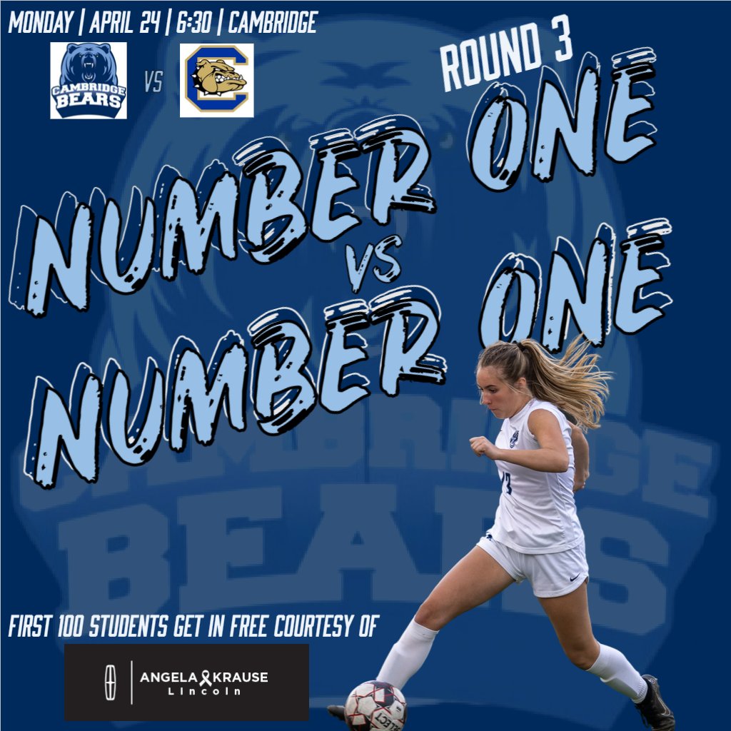 Cambridge Girls Soccer (@chssoccerg) on Twitter photo Show Out‼️ WEAR BLUE‼️ Elite 8 in the <a href="/OfficialGHSA/">GHSA</a> state playoffs is Monday night at HOME! First 100 Cambridge students get in free courtesy of <a href="/AngelaKrLincoln/">AngelaKrause Lincoln</a> Let's Go Bears! <a href="/Cambridge_AD/">Cambridge Athletics</a> <a href="/GA_HS_Soccer/">Georgia HS Soccer</a> <a href="/Cambridgesmurfs/">Smurf Squad™</a> Show Out‼️ WEAR BLUE‼️ Elite 8 in the <a href="/OfficialGHSA/">GHSA</a> state playoffs is Monday night at HOME! First 100 Cambridge students get in free courtesy of <a href="/AngelaKrLincoln/">AngelaKrause Lincoln</a> Let's Go Bears! <a href="/Cambridge_AD/">Cambridge Athletics</a> <a href="/GA_HS_Soccer/">Georgia HS Soccer</a> <a href="/Cambridgesmurfs/">Smurf Squad™</a>