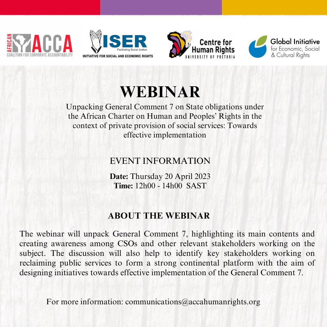 .@CHR_HumanRights Happening now Webinar on General Comment 7 on State Obligations to Regulate Private Actors involved in Provision of Social Services @AfricanACCA @GIESCR @RTEInitiative @UWC_DOI @ISERUganda @UccaUg @ashezz_m @Salima_SN @Kemba_A @anabwowe