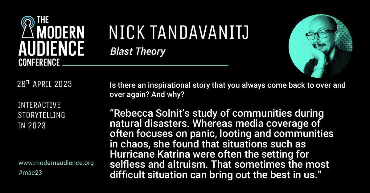 bellyfeel's tweet photo. A story that you always come back to..? Nick Tandavanitj from
@blasttheory - speaking at 1510 on 26th April at #mac23– #modernaudiences #interactivestorytelling More info and tickets: https://t.co/0W7COXxsBC ... @bellyfeel + @leedsbeckett + @LBUArtsResearch https://t.co/rz5KTcY7yG