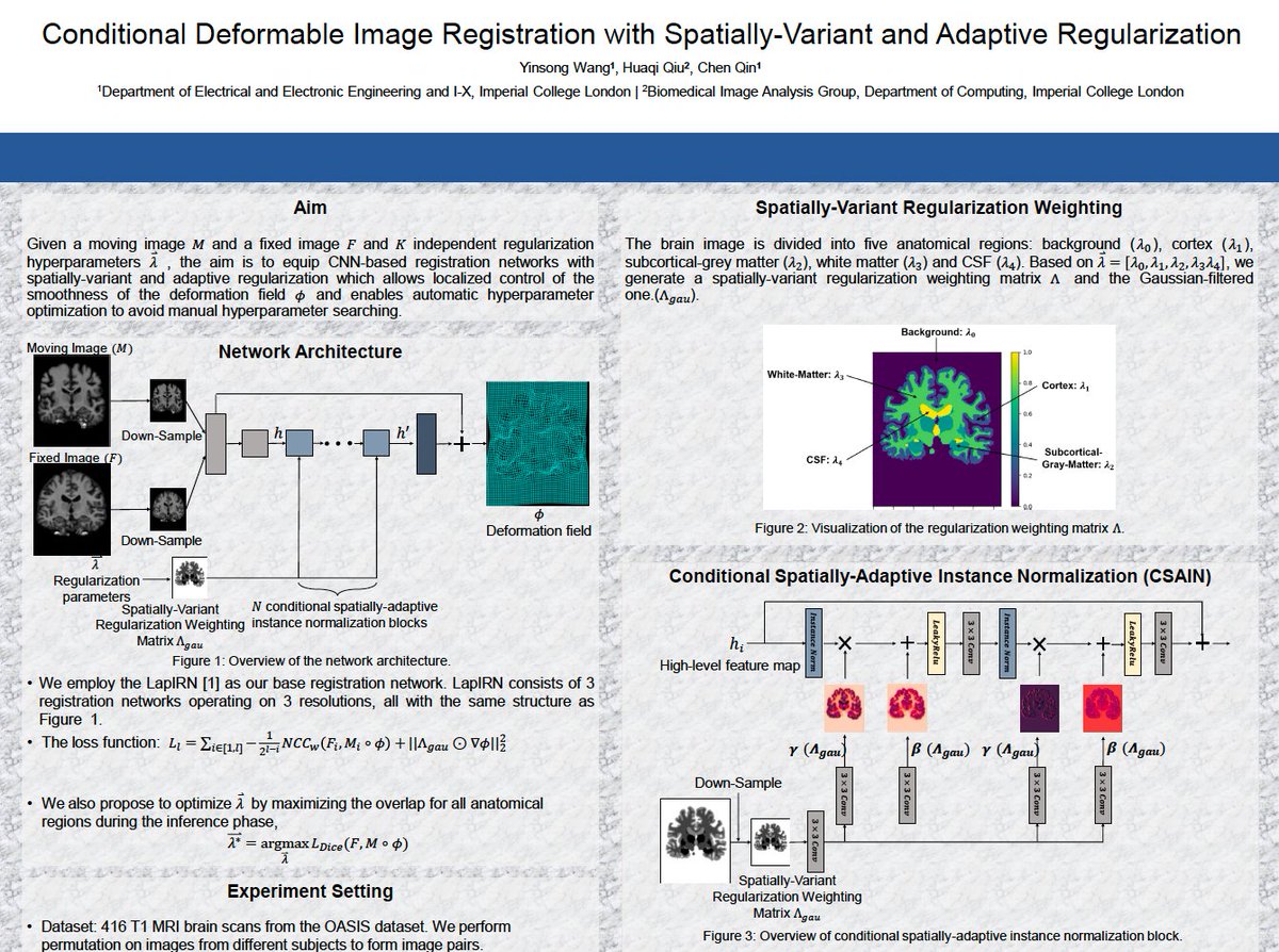 Chen_Qin_ICL's tweet photo. Interested to find out how we can register images with spatially-variant regularisation? Please check our work below presented at #ISBI2023 online session today at 7am (GMT-5)/1pm (GMT+1), an MSc work by Yinsong Wang, jointly with @Huaqi_Qiu
Paper link: https://t.co/kETYY5zwbB https://t.co/emnRLMif9V