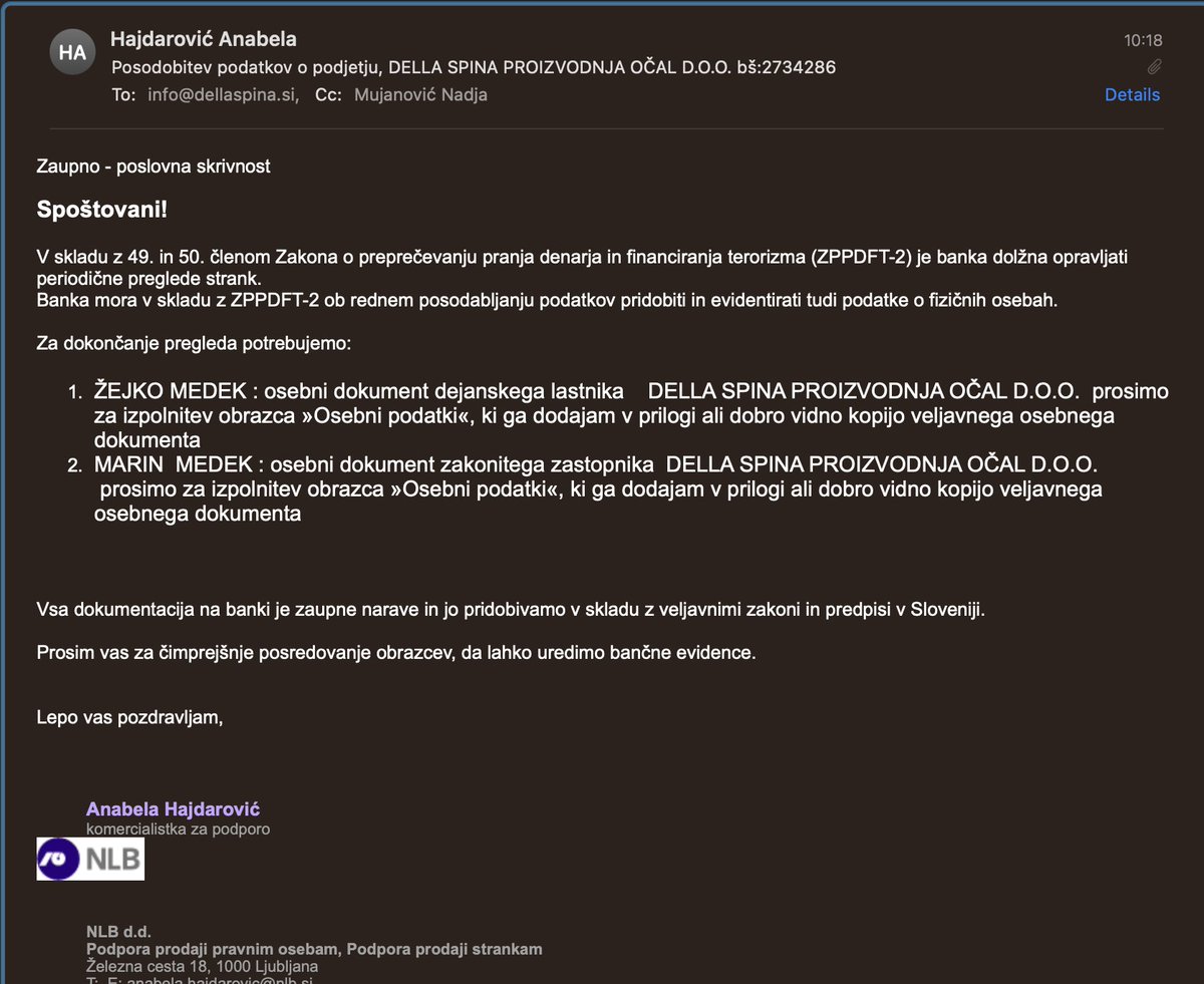marinmedak's tweet photo. Danes smo dobili zanimiv in sofisticiran phishing. 
Mi pomaga kdo razložit kakšen je mehanizem?

Oba maila imata (100%) legit NLB končnico. Če bi mi izpolnili njihov obrazec in poslali, to ne bi šlo nikamor kot na 2 maila od https://t.co/9xbyUWH8Yw. A to pomeni, da so NLBju shekali serverje in ustvarili dva nova maila do katerih imajo dostop? 

Kaj jih izdaja:
- nimamo NLB računa
- prvi staven o zaupnem
- malo faljena imena
- dokumenti v priponki so brez glave
- poslana dva enaka PDFja, kao za dve osebi