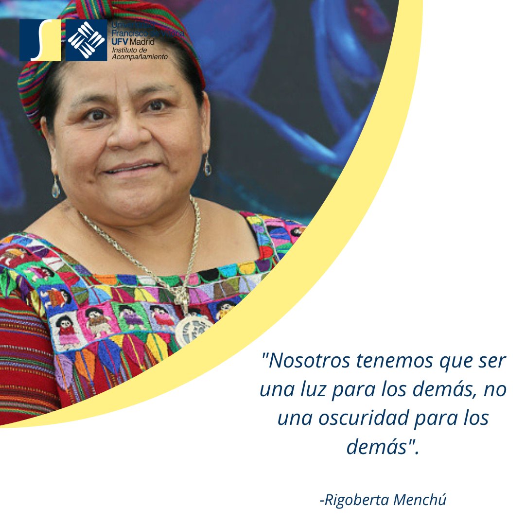 ¡Buenos días!

Hoy os dejamos esta frase de Rigoberta Menchú 🌸📜⛓️

Reconocida por ser defensora de los derechos humanos y Premio Nobel de la Paz en 1992.

#InstitutoDeAcompañamiento #UFV