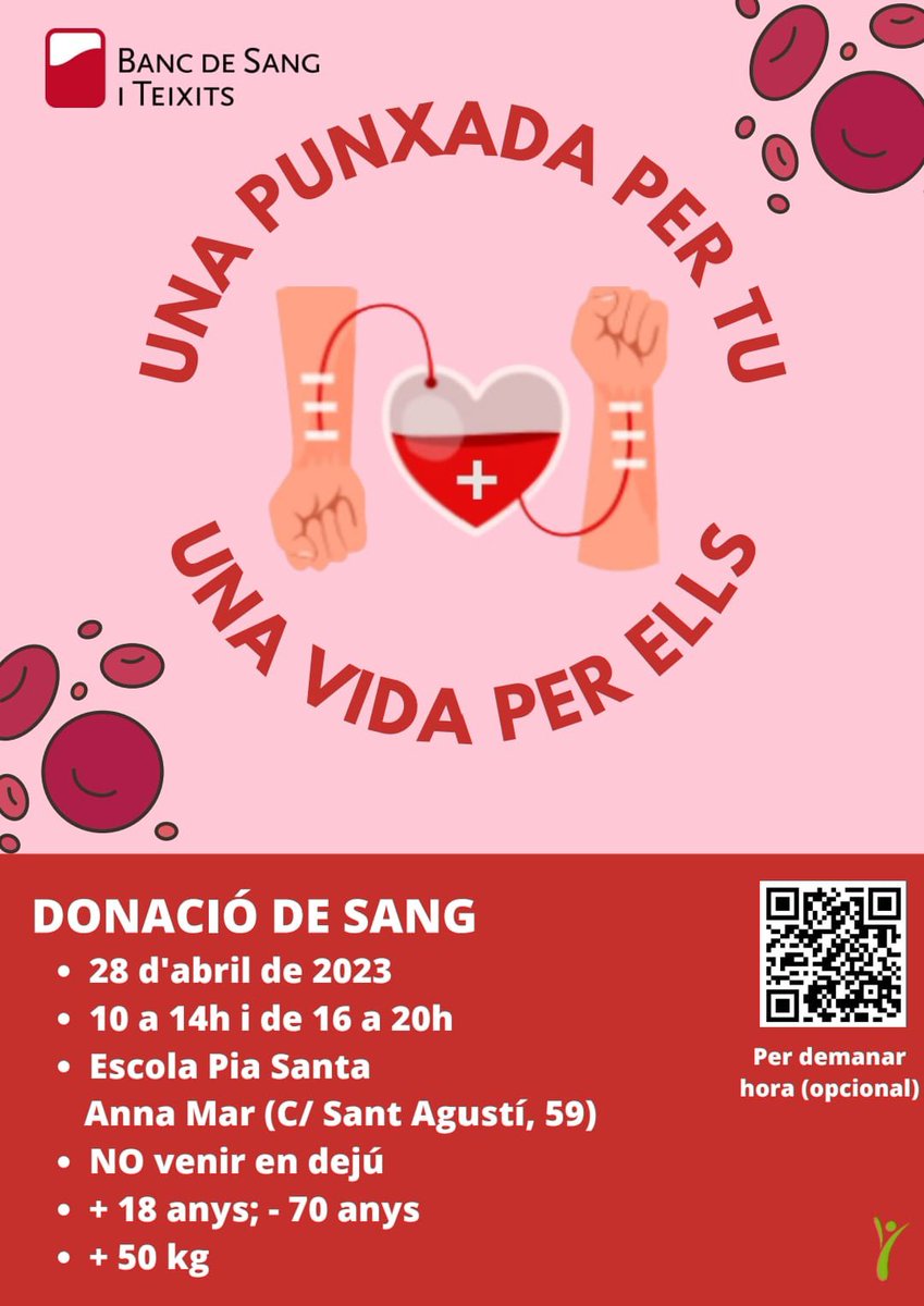 escolapiamataro's tweet photo. SERVEI COMUNITARI: Avui fem l'anunci oficial de la Jornada de Donació de Sang del pròxim divendres 28 d'abril a l'escola. Apunta't❤️ https://t.co/QuNrbLrpl2