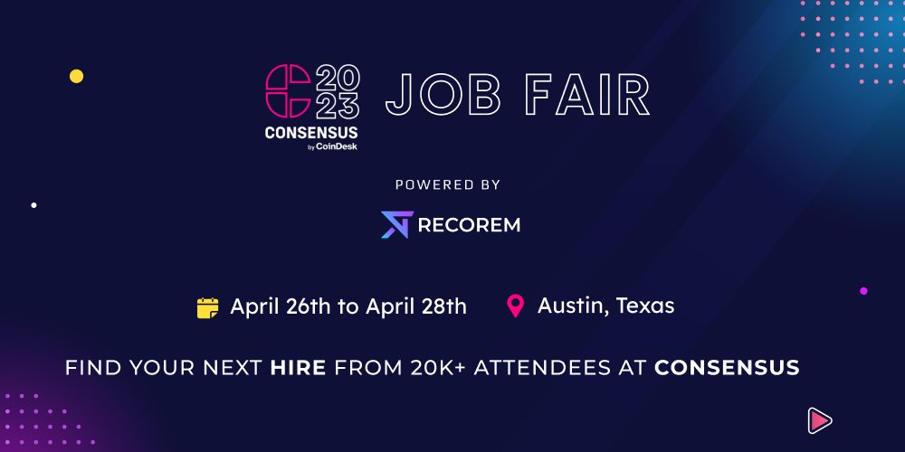 <a href="/OfficialRecorem/">Recorem🚀 | Web3 & Tech Hiring</a>  is organizing 'The Consensus Job Fair '23 as a side event at <a href="/consensus2023/">#Consensus2023</a> by <a href="/CoinDesk/">CoinDesk</a> from 26-28th April 2023 ⚡️⚡️⚡️

#founders #consensusjobfair #web3jobs #Coindesk