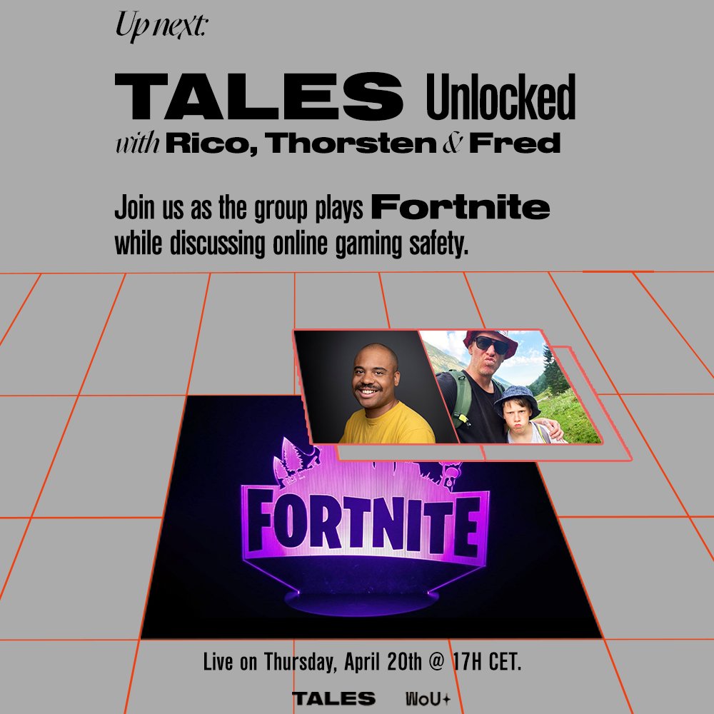 How safe are your kids when playing online games?
Today's #TalesUnlocked stream features <a href="/ST0RN0/">Thorsten S. Wiedemann</a> (Founder &amp; Director of <a href="/AMazefest/">A MAZE.</a>) &amp; his son Fred. While playing #Fortnite with Rico, they'll talk about online gaming safety.

🔴 LIVE at 5 pm (CEST)
👉 twitch.tv/talesunlocked