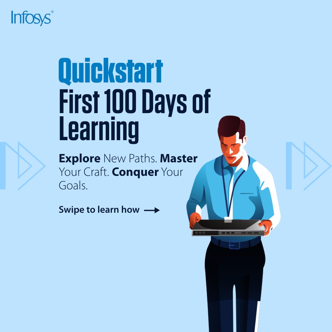 Infosys's tweet image. #QuickStart, Infosys’ enhanced onboarding program, takes you on a 100-day adventure of exploring new paths, mastering new skills, and conquering your goals!