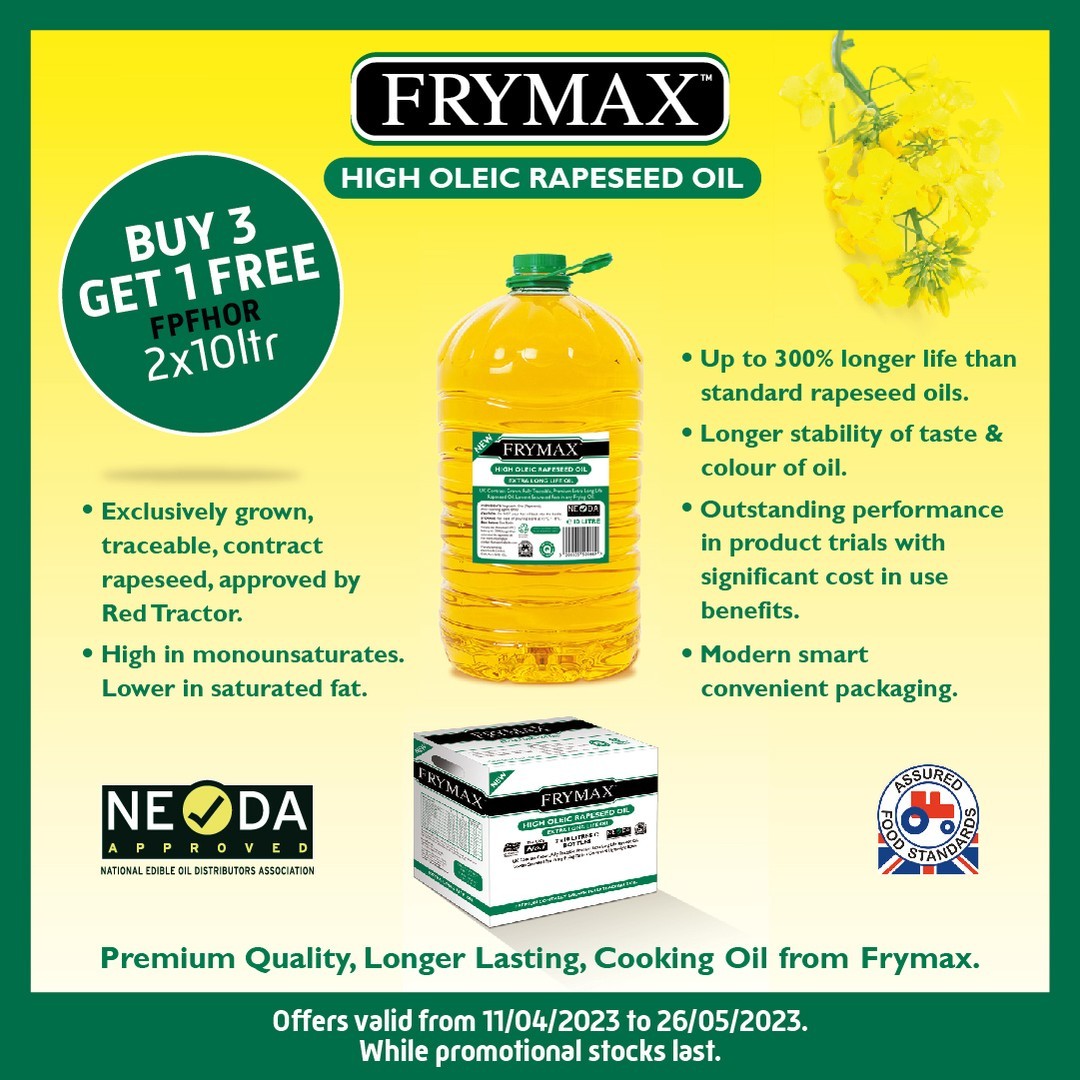 FriarsPride's tweet image. Don't miss out on these incredible savings - #Frymax High Oleic #Rapeseed #Oil is currently Buy 3 Get 1 Free for a limited time! 

A longer stability of taste &amp;amp; colour makes Frymax the perfect option for many fryers. Contact your Telesales Agent or call 01733 316400 now.