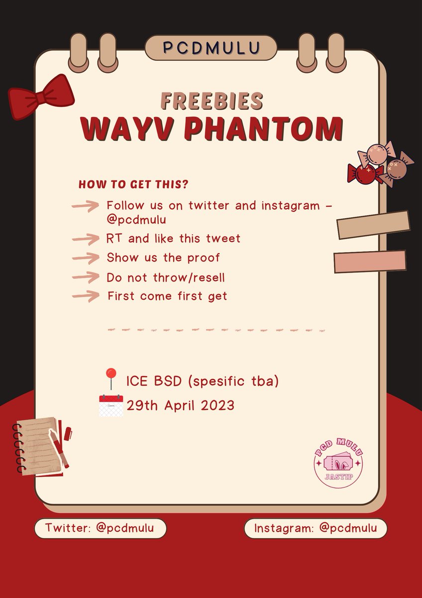 pcdmulu's tweet photo. 🎭࿐ FREEBIES WayV Phantom in Jakarta 🎭࿐ 

🗓 : April, 29 2023
📍 : Ice, BSD
⏰ : tba @ our ig&amp;twt

How to claim :
1. Follow us on twitter and instagram - @pcdmulu
2. RT and like this tweet

**Details on pic🤟
**Each pack will come with random freebies
#WayV_Phantom_in_JAKARTA https://t.co/Y96Hy0oonT