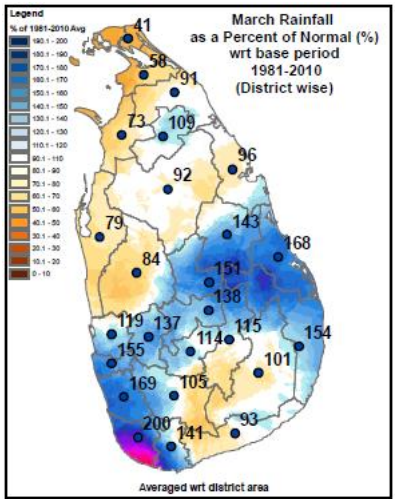 March 2023 in Sri Lanka had a temperature anomaly of 0.07C below average.
It was drier than normal in the North and wetter in the South with rainfall anomalies between 41% and 200% of average.
See rainfall anomalies map by Lanka Meterorological Service.