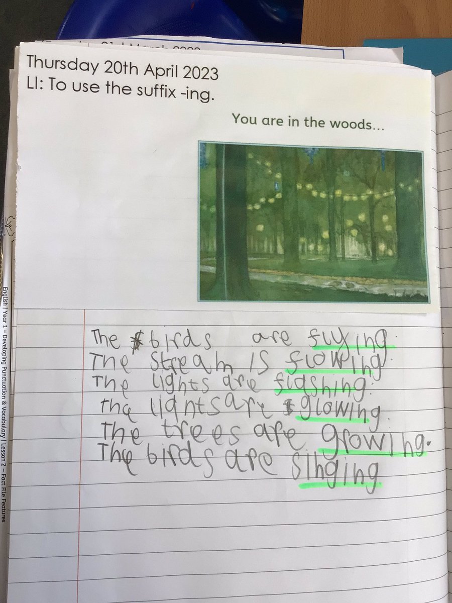 LongshawYear1's tweet photo. The children in Year 1 have been learning all about the suffix -ing. Well done Chloe for using the suffix correctly in your work. @LongshawAcademy https://t.co/aPQKfZxgKS