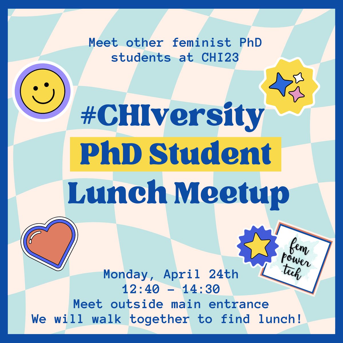 Daisy_ONeill_'s tweet photo. ✨Calling all feminist PhD Students attending #CHI2023!✨
Want to meet new feminist friends and conspirators? Join our #CHIversity PhD Student Lunch meet up with @fempowertech.
📅Monday, April 24th
🕒12:40-14:30
⭐We will meet outside the main entrance and find lunch together! https://t.co/AxAtBavB4P