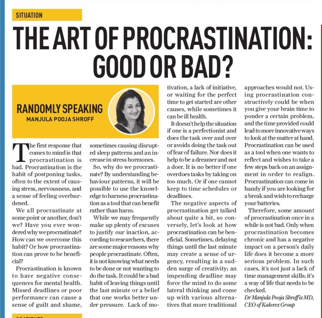 Manjula_Pooja's tweet image. Is Procrastination good or bad?
This article by me in the Daily Guardian sheds some light.
If you like SHROFFism thoughts, follow the link 
courses.shroffism.com

#procrastination #balancingact #DailyGuardian #lifeskills #Shroffism #manjulapoojashroff #MPS #kalorex