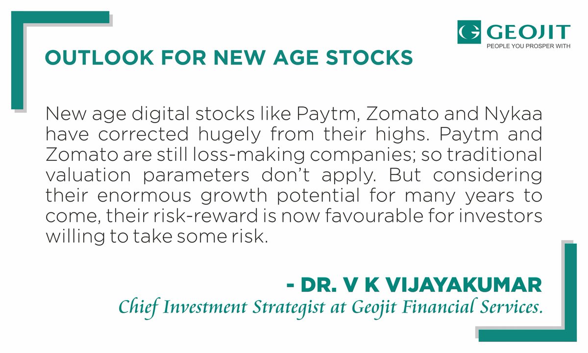 Geojit_official's tweet photo. Outlook for New Age stocks by Dr. V K Vijayakumar, @GeojitFinancial
#StockMarketindia #stockmarkets #PayTM #Zomato #Nykaa #earnings #INTRADAY #digitalstocks #StockMarket #markets #investors #DrVKVijayakumar #GeojitFinancial https://t.co/eW6jqkgNzZ