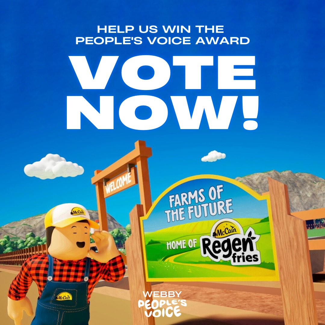 mccainglobal's tweet photo. 🍟🍟🍟 Last Day to Vote! 🍟🍟🍟
Please vote for our McCain: Regen Fries campaign in the Webby People's Voice Award via this link: https://t.co/MwiaABpbYG
We appreciate every single vote! 👏
#metaverse #digital #argiculture https://t.co/2Zsj12CL6C