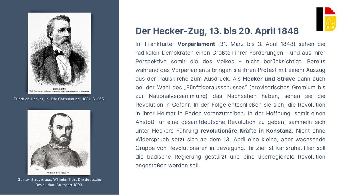 GEDG_Weimar's tweet photo. #175Jahre1848: Nachdem ihre Forderungen im #Vorparlament kein Gehör finden, suchen radikale Demokraten um Friedrich #Hecker und Gustav #Struve andere Wege. In Baden kommt es unter ihrer Führung im April zu einer Erhebung, die als #Heckeraufstand in die Geschichte eingehen sollte. https://t.co/Sgc5HveRHl