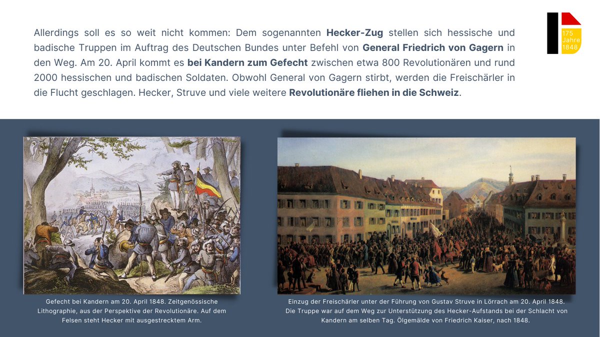 GEDG_Weimar's tweet photo. #175Jahre1848: Nachdem ihre Forderungen im #Vorparlament kein Gehör finden, suchen radikale Demokraten um Friedrich #Hecker und Gustav #Struve andere Wege. In Baden kommt es unter ihrer Führung im April zu einer Erhebung, die als #Heckeraufstand in die Geschichte eingehen sollte. https://t.co/Sgc5HveRHl