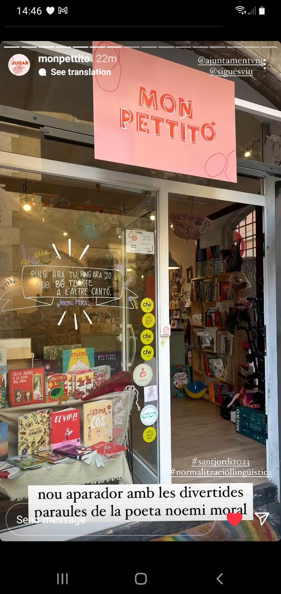 cpnlpobertes's tweet photo. Ara que ja hem escrit els versos als aparadors, els comerços en fan difusió a les seves xarxes!
#ParaulesSobreVidre
#SantJordi2023 #SantJordiCPNL
#VNG #XELL
@viucomerc
@ajuntamentvng
@imetvng
@crpgarraf
@vxlcat https://t.co/kNVOsFZkqM