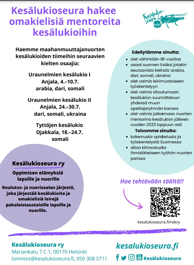 Kesätoitä tarjolla arabiaa, daria, somalia tai unkaria osaaville nuorille!